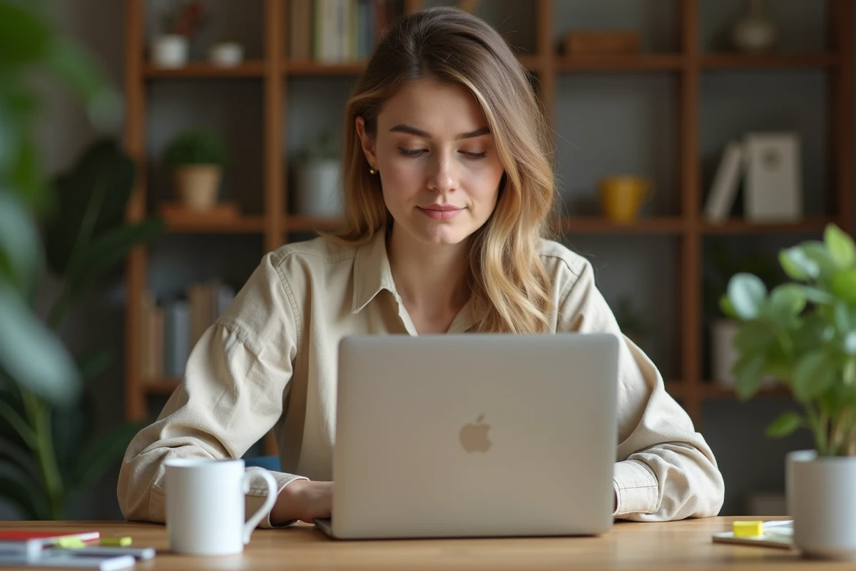 Femme concentrée complétant des microtâches rémunérées sur son ordinateur portable dans un bureau à domicile