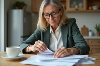 Femme d'âge moyen triant des lettres à la maison