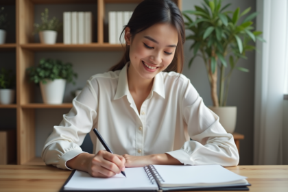 Femme concentrée à son bureau à la maison en blouse blanche