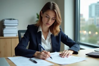 Femme professionnelle en bureau examinant un accord de travail français