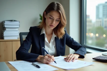 Femme professionnelle en bureau examinant un accord de travail français