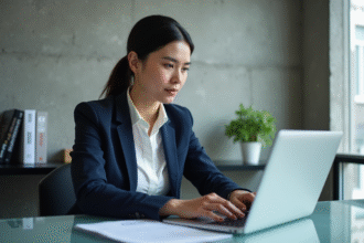 Jeune femme professionnelle concentrée sur son ordinateur dans un bureau moderne