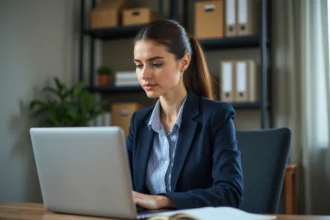 Jeune femme professionnelle travaillant sur un ordinateur dans un bureau moderne