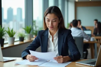 Femme professionnelle concentrée sur ses documents dans un bureau moderne, illustrant les proverbes sur le travail pour LinkedIn et CV