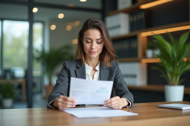 Femme d'affaires examinant un certificat CSR dans un bureau moderne