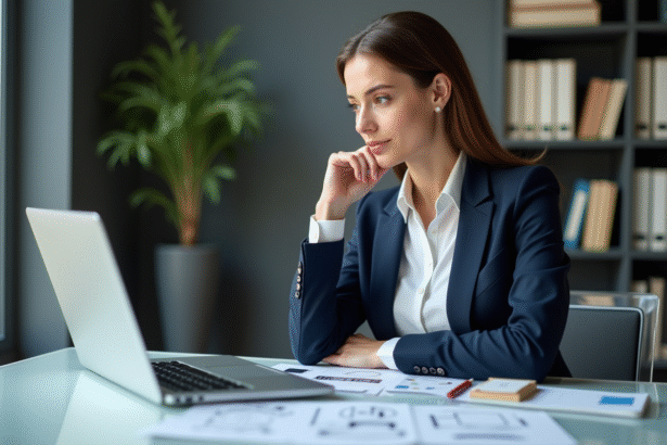 Femme professionnelle concentrée sur son ordinateur en design