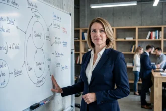 Femme professionnelle devant un tableau blanc avec un cadre stratégique de marque personnelle en entreprise moderne