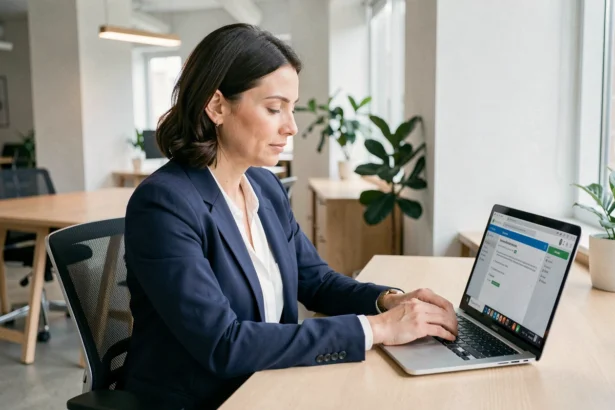 Femme professionnelle utilisant les services en ligne de l'INPI sur son ordinateur portable dans un bureau moderne