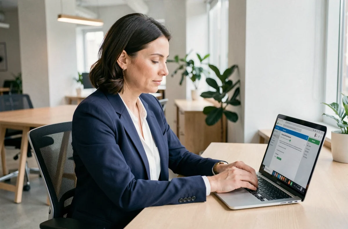 Femme professionnelle utilisant les services en ligne de l'INPI sur son ordinateur portable dans un bureau moderne