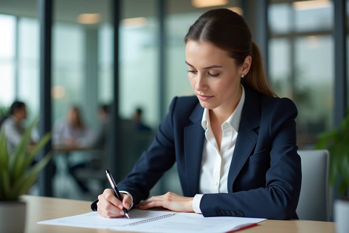 Femme professionnelle rédigeant une lettre de démission formelle à son bureau dans un open-space moderne