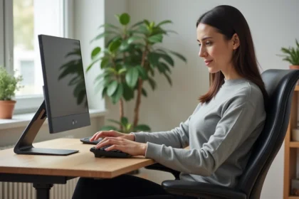 Femme ajustant son siège ergonomique dans un bureau à domicile bien organisé pour prévenir les douleurs posturales