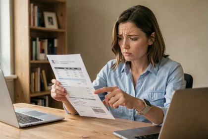 Femme examinant un relevé bancaire avec un libellé inconnu Infinite Remit Services Co