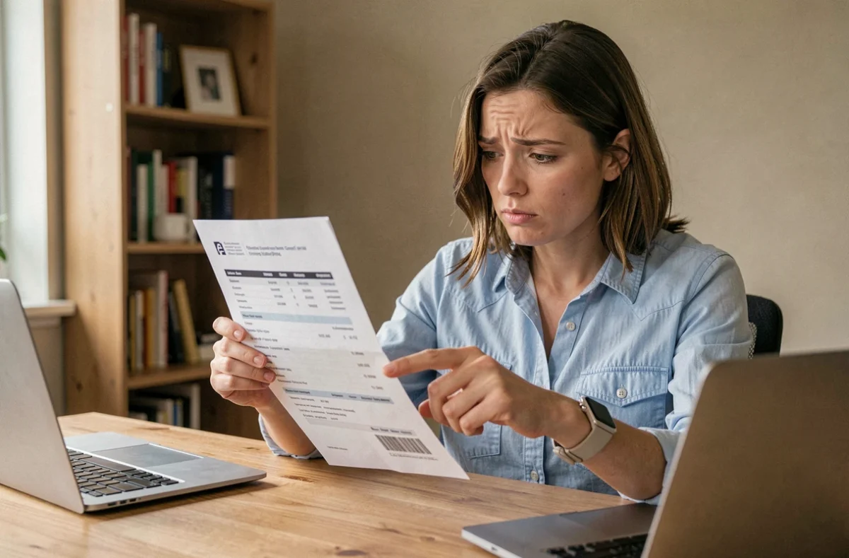 Femme examinant un relevé bancaire avec un libellé inconnu Infinite Remit Services Co