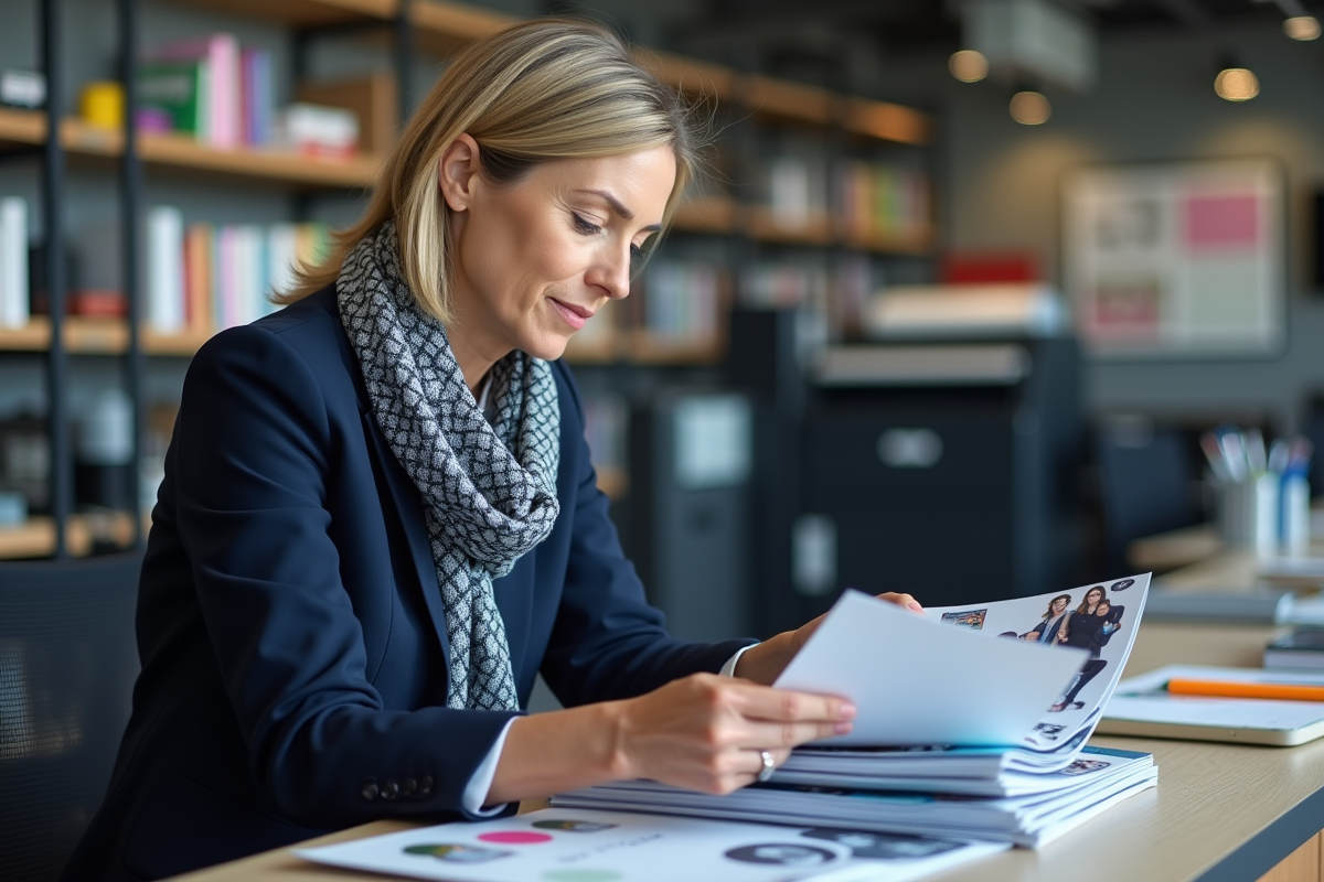 Femme d'âge moyen examine des brochures dans un atelier d'impression