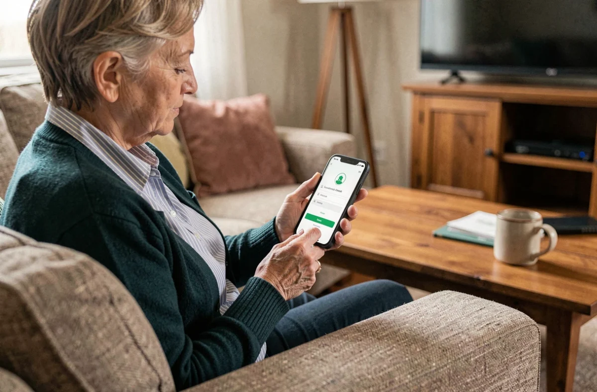 Femme âgée restant connectée à l'extranet Azaé depuis son salon avec son téléphone portable