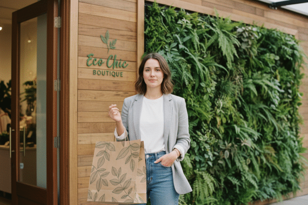 Jeune femme avec sac kraft écologique devant boutique