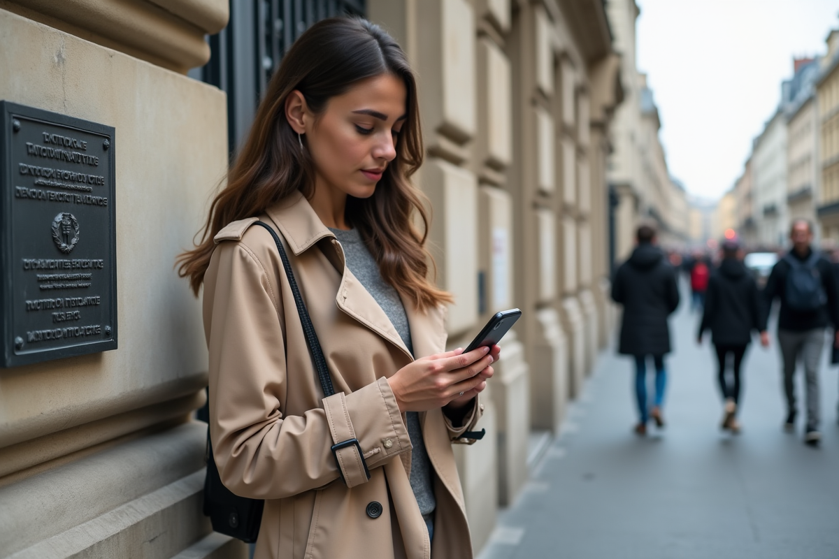 Jeune femme utilisant son smartphone devant un bâtiment officiel parisien