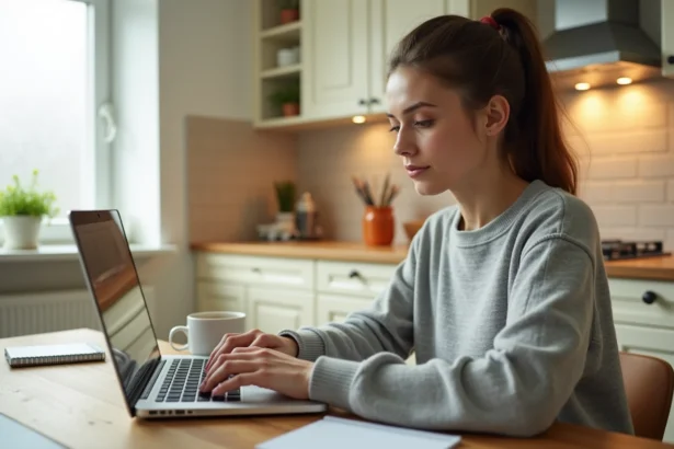 Femme remplissant un sondage rémunéré en ligne sur son ordinateur portable dans sa cuisine moderne