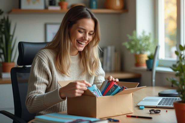 Femme souriante découvrant des cadeaux dans un bureau lumineux