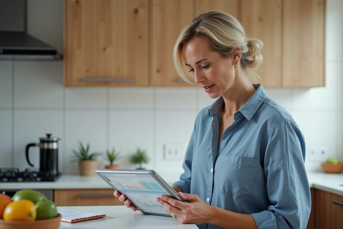 Femme consultant une tablette dans sa cuisine pour gérer ses activités de revenus en ligne depuis domicile