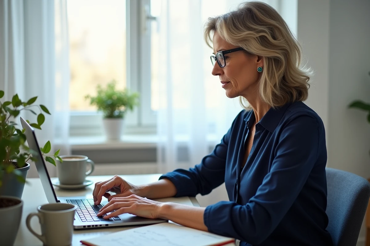 Femme télésecrétaire saisissant des documents sur ordinateur portable depuis son domicile