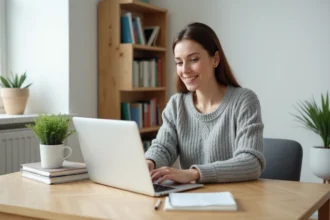 Femme en télétravail assise à un bureau en bois minimaliste dans un coin de home office aménagé avec étagère et plante verte