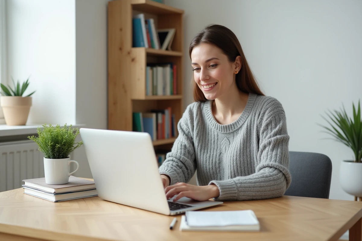 Femme en télétravail assise à un bureau en bois minimaliste dans un coin de home office aménagé avec étagère et plante verte