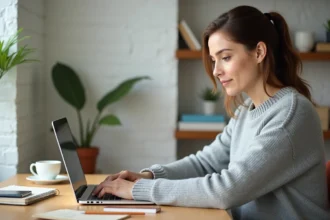 Femme travaillant à distance depuis son bureau à domicile avec un ordinateur portable et un carnet de notes