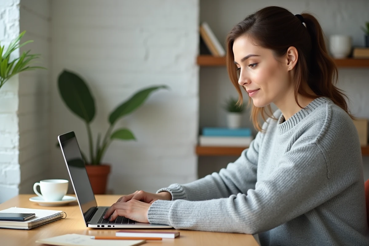 Femme travaillant à distance depuis son bureau à domicile avec un ordinateur portable et un carnet de notes