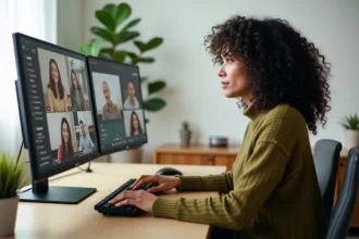 Femme travaillant à distance depuis son bureau à domicile avec un setup double écran et un appel vidéo collaboratif ouvert