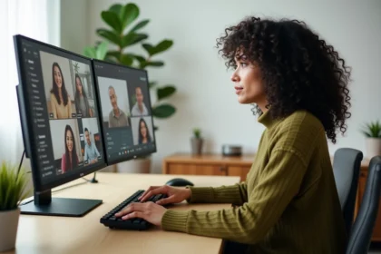 Femme travaillant à distance depuis son bureau à domicile avec un setup double écran et un appel vidéo collaboratif ouvert