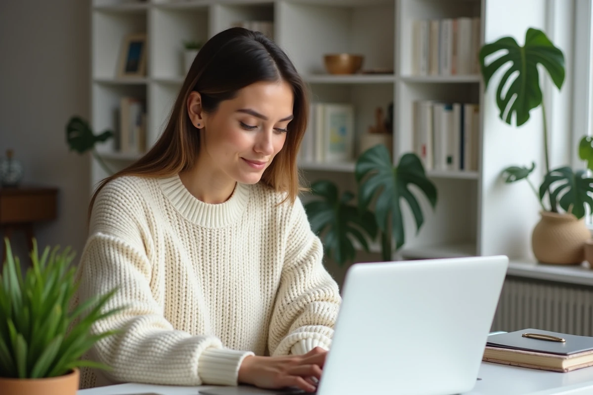 Femme en télétravail dans un bureau à domicile scandinave bien organisé avec un ordinateur portable