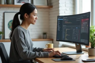Femme en télétravail à un bureau minimaliste en bois avec clavier mécanique, moniteur ultrawide et accessoires essentiels pour le home office