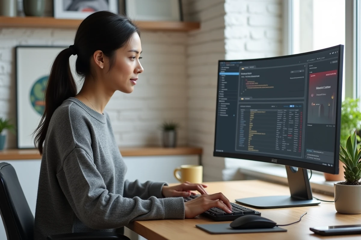 Femme en télétravail à un bureau minimaliste en bois avec clavier mécanique, moniteur ultrawide et accessoires essentiels pour le home office