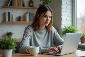 Femme concentrée en télétravail à son bureau à domicile, méthodes anti-distraction