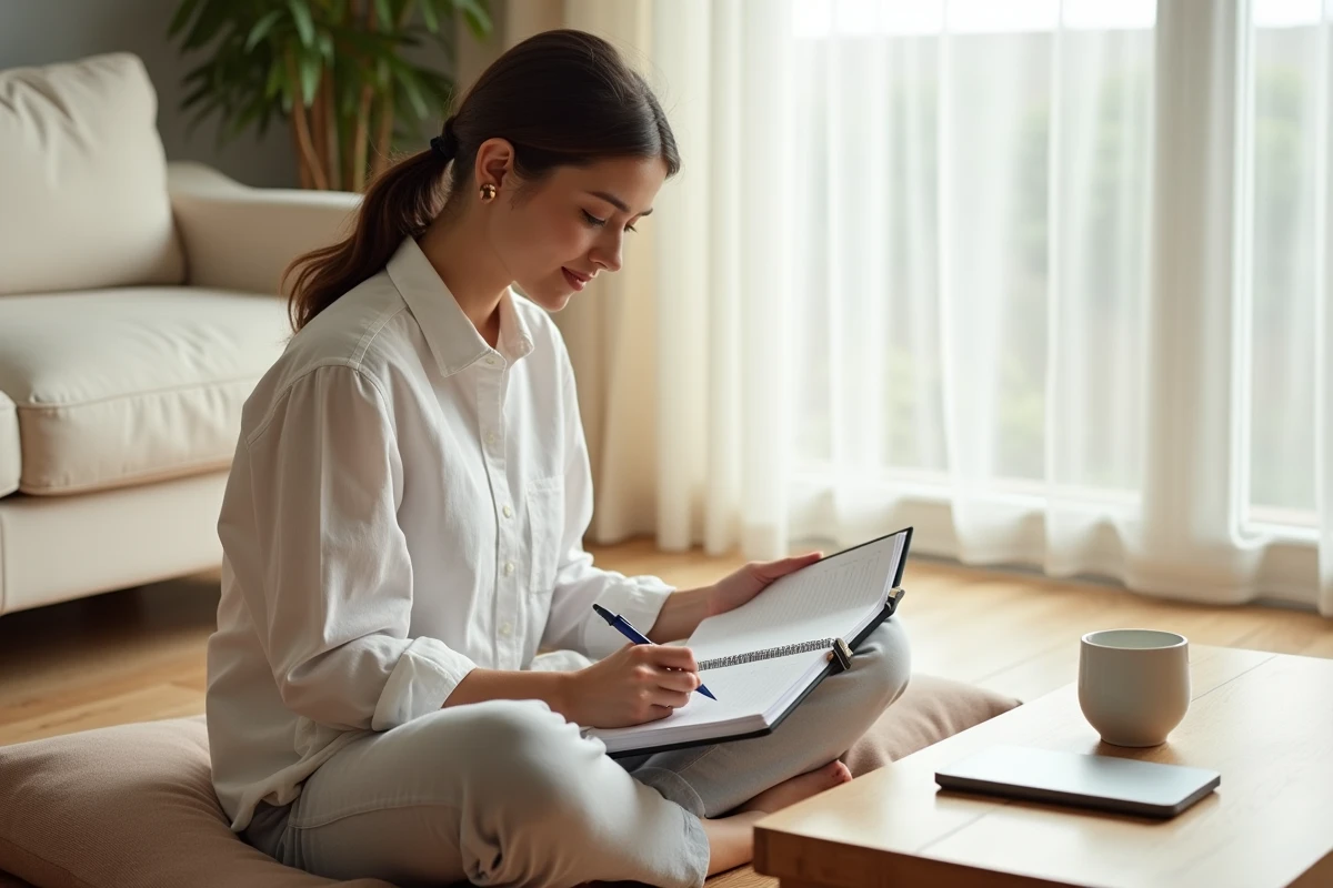 Jeune femme en télétravail planifiant sa journée avec un agenda time-blocking pour éviter les distractions