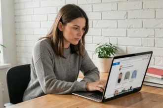 Femme testant des produits en ligne sur son ordinateur portable depuis son bureau à domicile pour une plateforme de test comme Aviquali