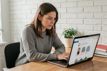 Femme testant des produits en ligne sur son ordinateur portable depuis son bureau à domicile pour une plateforme de test comme Aviquali