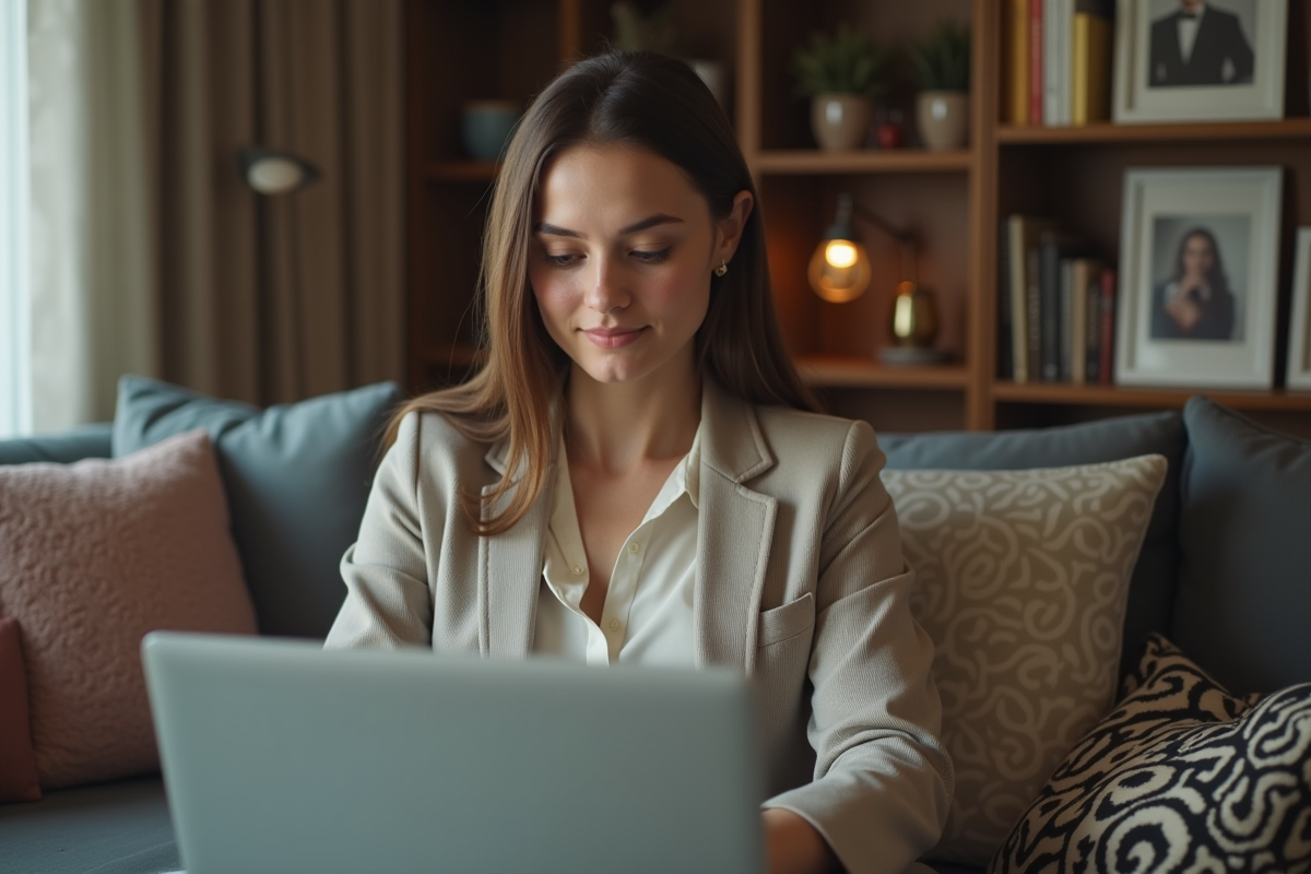 Jeune femme travaillant sur son ordinateur dans un salon cosy