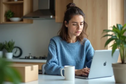 Femme au smartphone dans une cuisine moderne pour l'article {titre}