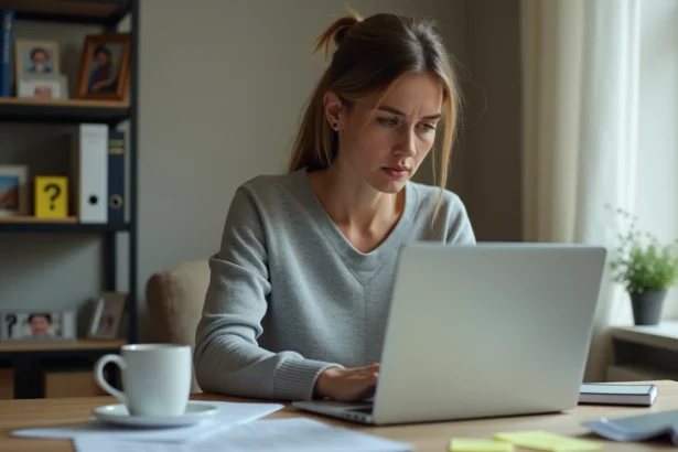 Femme à domicile scrutant une offre d'emploi suspecte de saisie de données sur son ordinateur portable