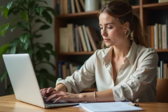 Femme travaillant à domicile sur son ordinateur portable dans un bureau maison organisé