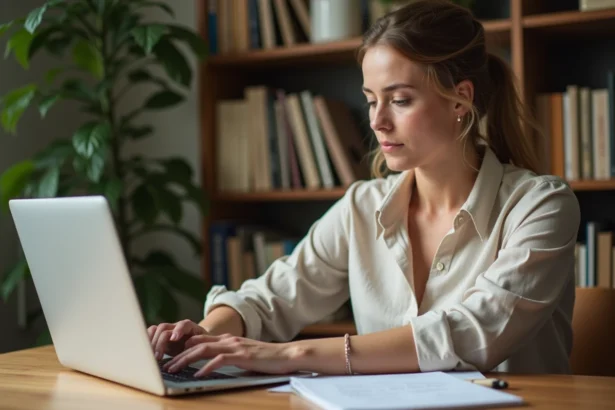 Femme travaillant à domicile sur son ordinateur portable dans un bureau maison organisé
