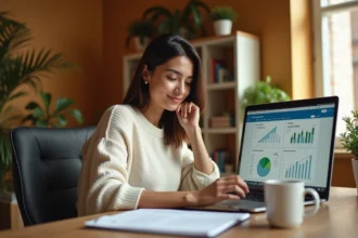 Femme travaillant depuis chez elle sur un ordinateur portable pour gagner de l'argent sur internet