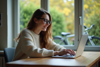 Femme travaillant sur un laptop dans une cuisine lumineuse