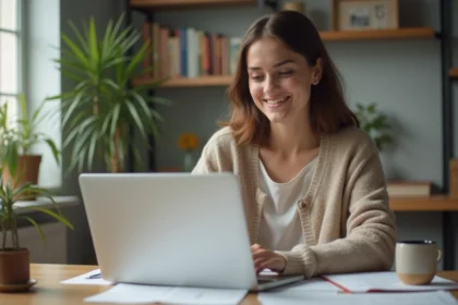 Jeune femme souriante travaillant sur son ordinateur à domicile