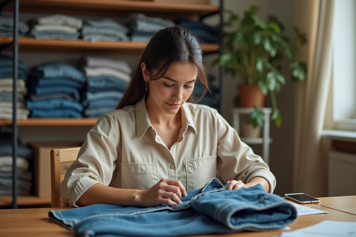 Femme triant des vêtements d'occasion pour les vendre sur Vinted depuis son bureau à domicile