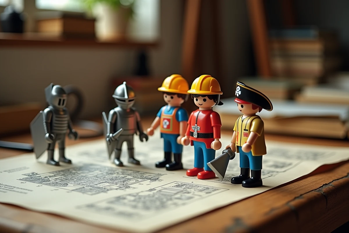 Collection de figurines Playmobil historiques disposées sur une table en bois avec catalogue vintage illustrant l'histoire de la marque