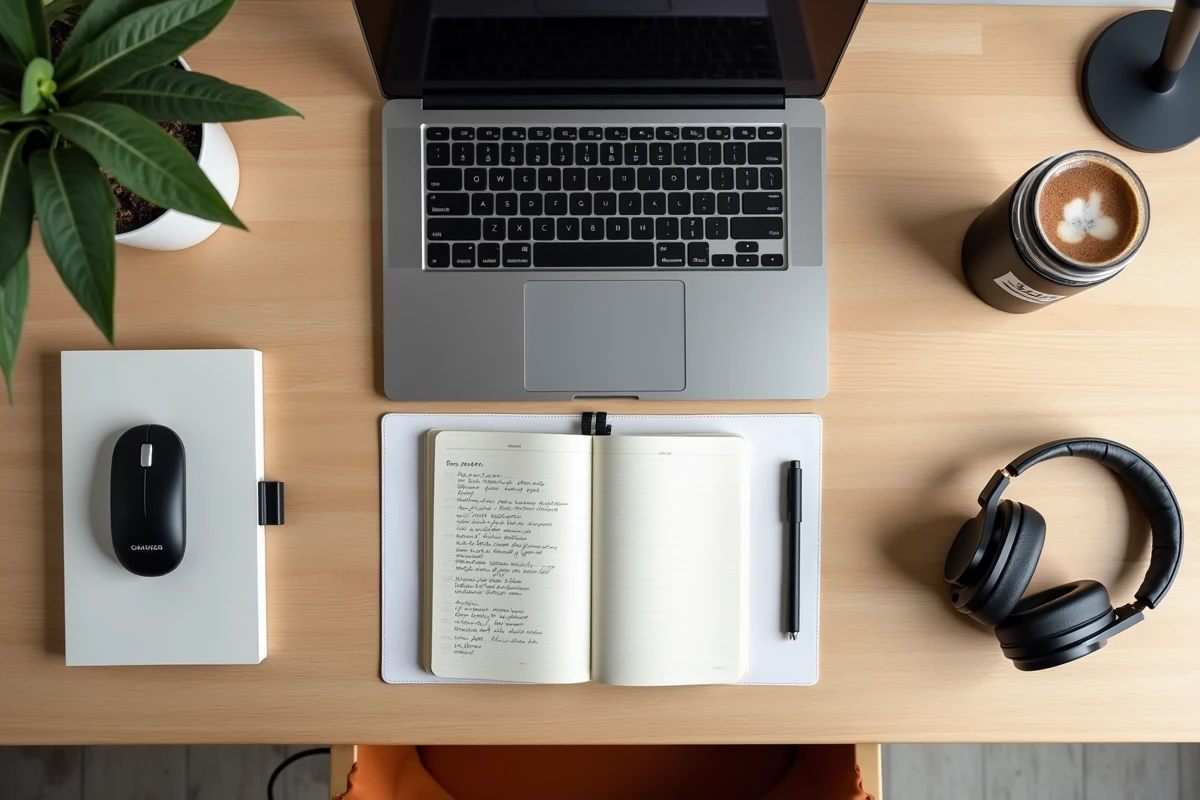 Flat-lay du matériel essentiel pour le télétravail en 2026 : laptop, clavier Bluetooth, casque, hub USB-C et accessoires de bureau sur un bureau en chêne
