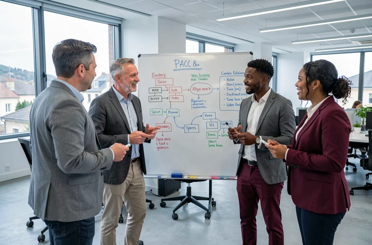 Équipe de l'agence digitale FLEXILAB en PACA discutant d'une feuille de route numérique devant un tableau blanc